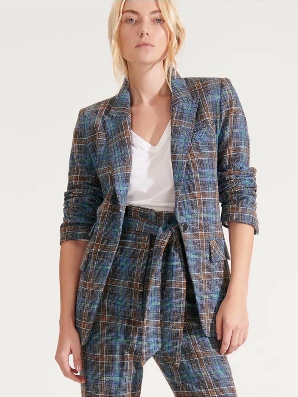 VERONICA BEARD Dickey Blue Plaid MARTEL Ruched Slv Cotton Linen Blazer Jacket 8